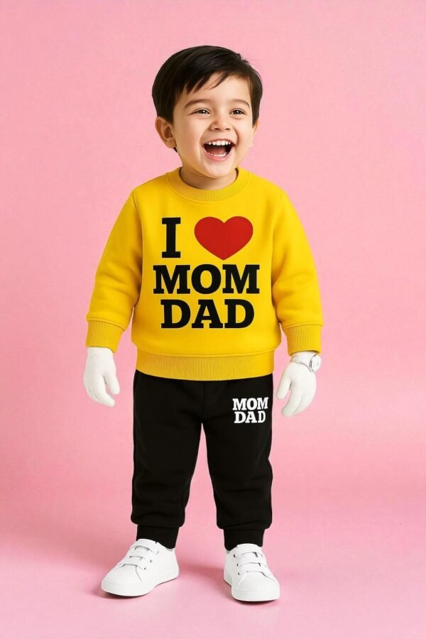 KicoWear “I Love Mom Dad” Kids (Unisex) Fleece Tracksuit – Mustard & Black | Soft 260 GSM Winter Wear