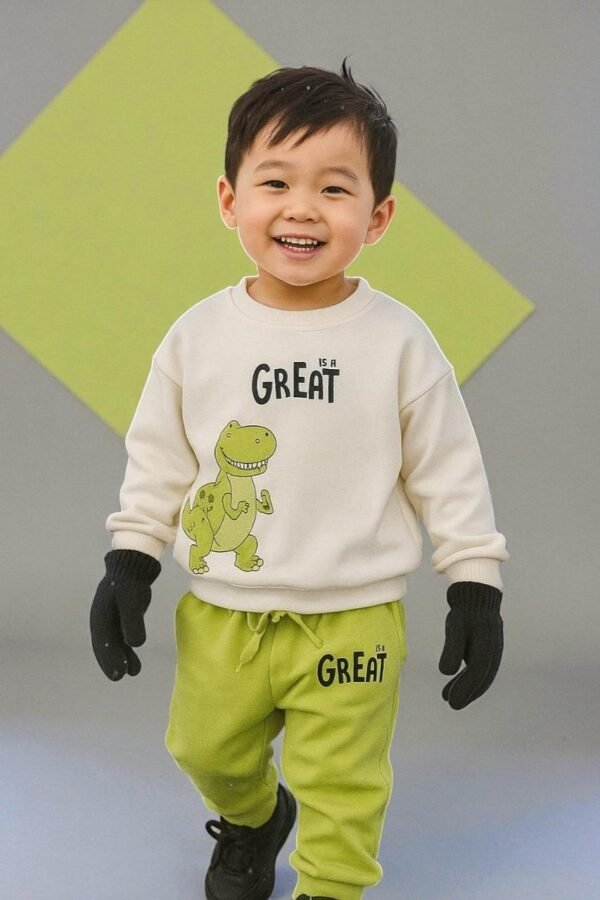 KicoWear Unisex Baby Fleece Set – “Great Dinosaur” Printed Sweatshirt & Jogger (Fleece 260 GSM)
