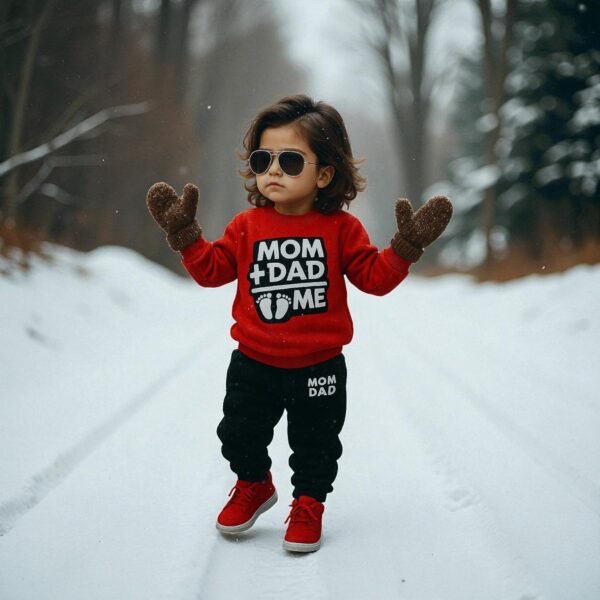 KicoWear Unisex Baby Fleece Set – “Mom + Dad = Me” Printed Sweatshirt & Jogger (Red & Black, 260 GSM)