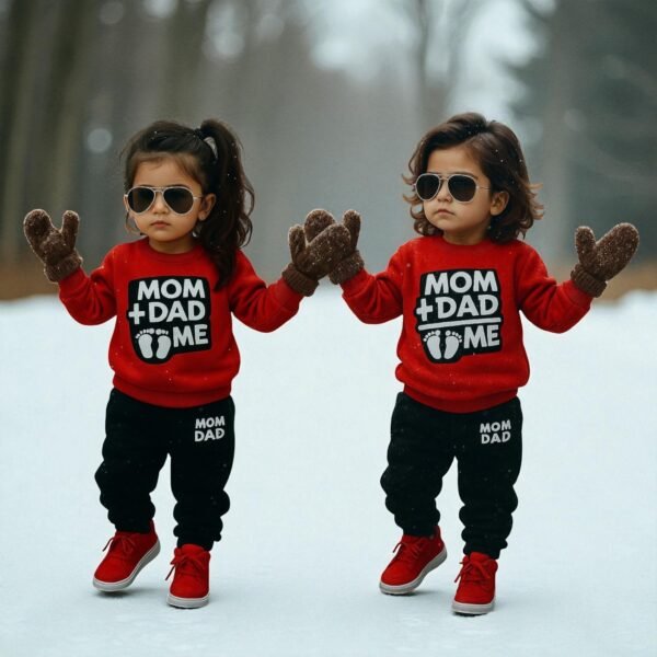 KicoWear Unisex “Mom + Dad = Me” 2-Piece Red Fleece Winter Set for Kids – 260 GSM Warm Outfit