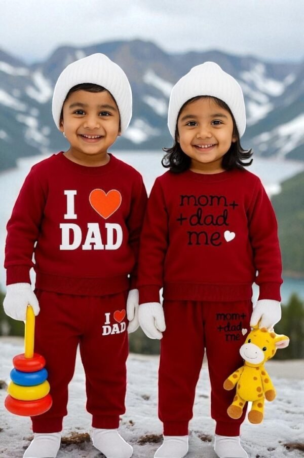 KicoWear Unisex “I ❤️ Dad & Mom + Dad = Me” Maroon 2-Piece Baby Fleece Winter Set – 260 GSM Warm Outfit