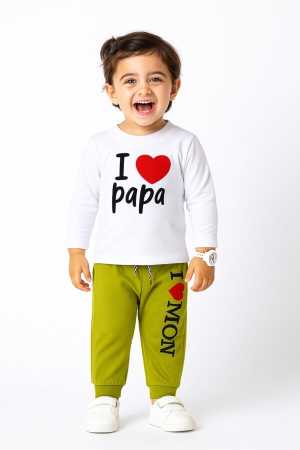 KicoWear Unisex “I Love Papa” White & Green Baby Tracksuit – Airzed 190 GSM