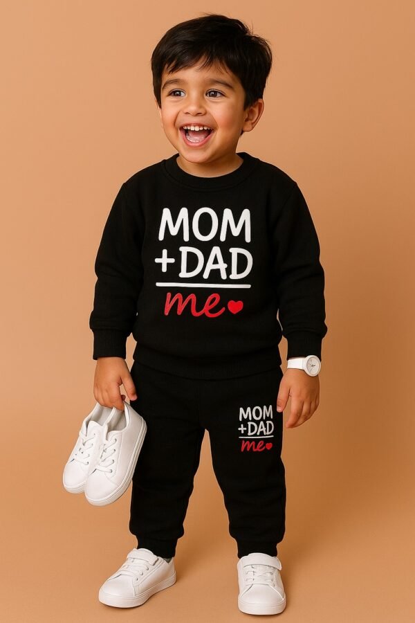 KicoWear Unisex “Mom + Dad = Me” Black Baby Tracksuit | Airzed 190 GSM Soft Cotton Blend