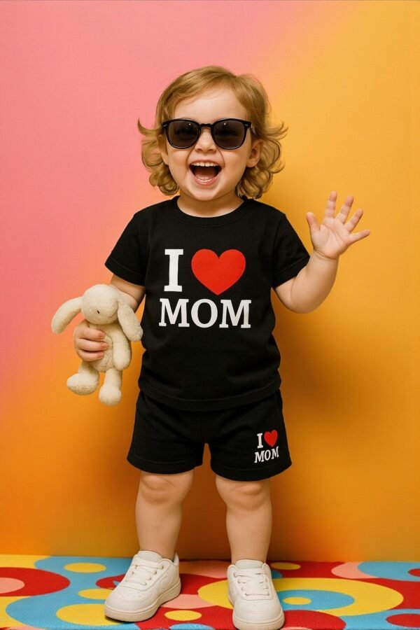 KicoWear Unisex “I ❤️ MOM” Black Baby Nicker Set | Airzed 190 GSM Soft Cotton Outfit