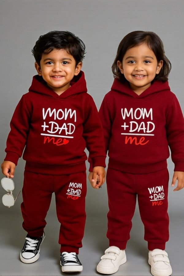 KicoWear Unisex “Mom + Dad = Me” Maroon Fleece 2-Piece Baby Hoodie Set | 260 GSM Winter Wear