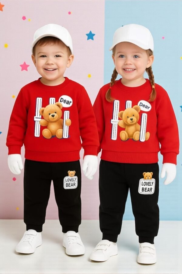 KicoWear Unisex “Hi Dear Lovely Bear” Red Fleece 2-Piece Winter Set | 260 GSM Warm Baby Outfit
