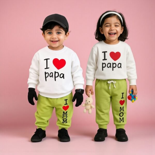 KicoWear Unisex “I Love Papa” White & Green Fleece 2-Piece Winter Set | 260 GSM Cozy Baby Outfit