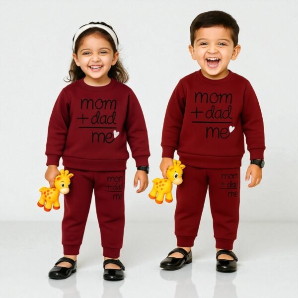 KicoWear Unisex “Mom + Dad = Me” Maroon Fleece 2-Piece Winter Set | 260 GSM Cozy Outfit