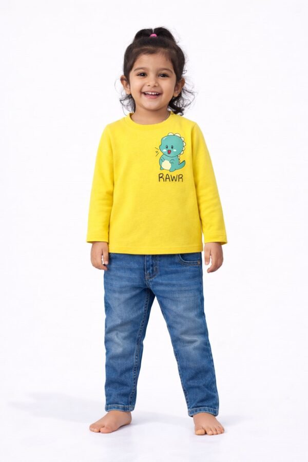 KicoWear Kids Yellow “RAWR” Dinosaur T-Shirt – PC Fabric Full Sleeve Printed Tee