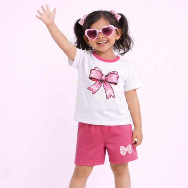 KicoWear Girls PC Fabric Bow Print Nicker Suit – Cute & Comfortable Summer Set