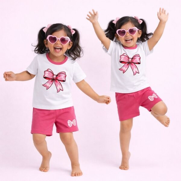KicoWear Girls 2 Pcs Bow Print Nicker Suit – Soft PC Fabric Top & Shorts Set