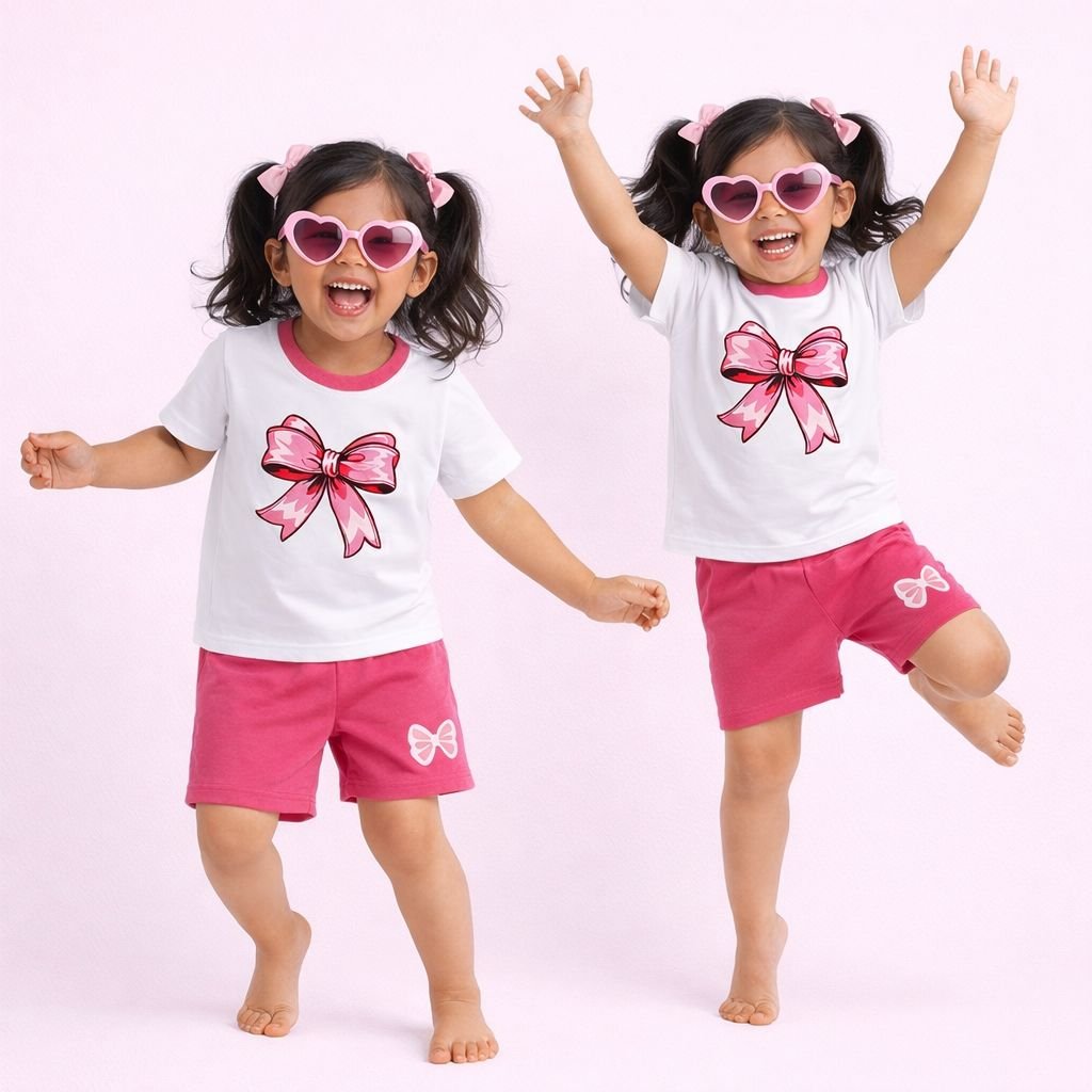 KicoWear Girls 2 Pcs Bow Print Nicker Suit – Soft PC Fabric Top & Shorts Set