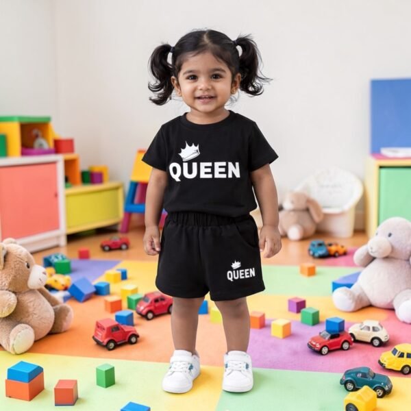 KicoWear Queen Girls Nicker Suit Set | Airzed 190 GSM Fabric | Black Printed T-Shirt & Shorts Set | Comfortable Summer Wear