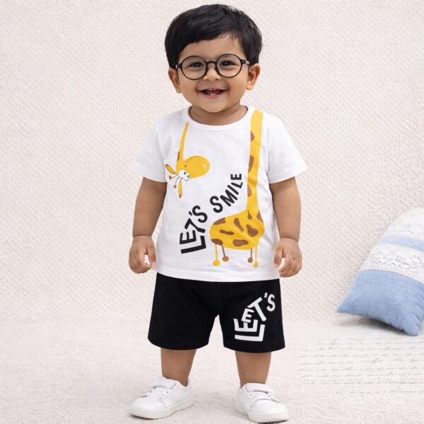 KicoWear Unisex “Let’s Smile” Giraffe Print Nicker Suit – Kids Cotton Co-ord Set