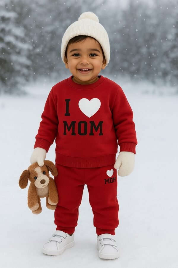 KicoWear Unisex “I Love Mom” Fleece Winter Co-Ord Set – Kids Outfit