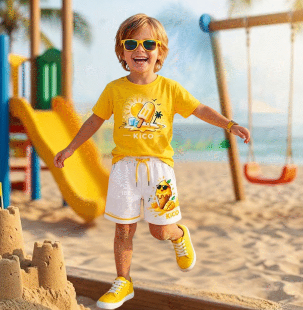 KicoWear Unisex Ice Cream Print Nicker Suit – Yellow Kids Summer Co-ord Set
