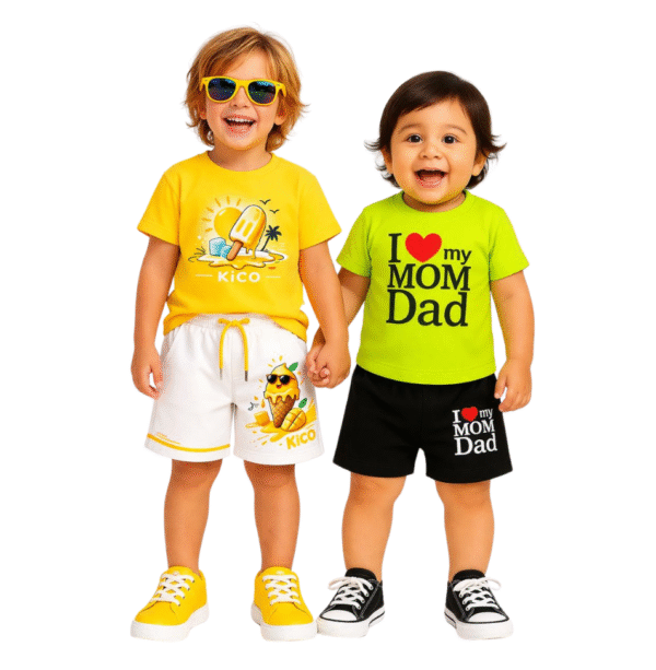 KicoWear Unisex Kids Nicker Suit Combo – Ice Cream Yellow & I Love Mom Dad Green Set